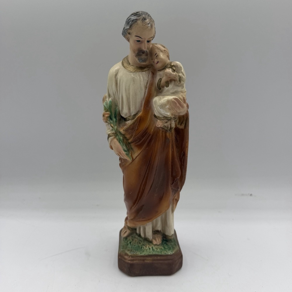 Vintage St Joseph Chalkware Statue Figurine Holding Baby Jesus 8.5" Tall Saint